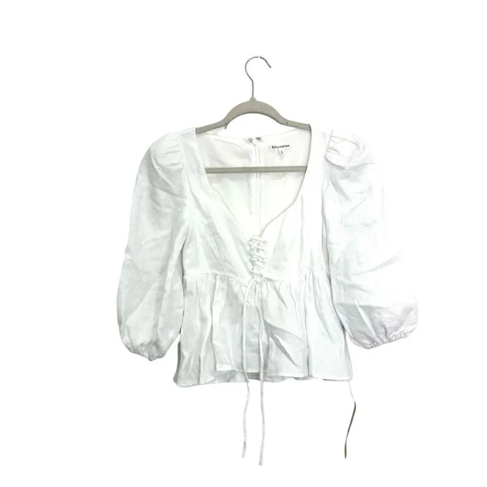 NWT Reformation Abigail White 100% Linen Puff Sleeve Prairie Blouse